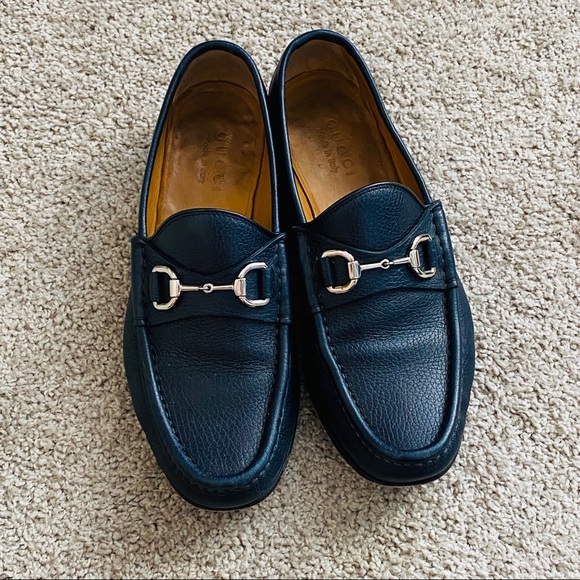 Gucci Navy Blue Genuine Pebbled Leather Loafer with Silver Horse-bit Size 7 - Picture 5 of 12